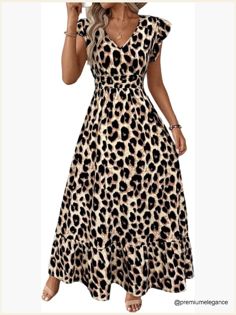 Leopard Print Ruffle Cap Sleeve A Line Maxi Dress V Neck Cinched Waist